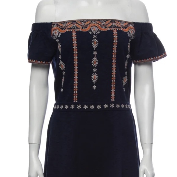 Tory Burch Navy Strapless Dress with Orange and Cream Embroidery - Picture 9 of 11